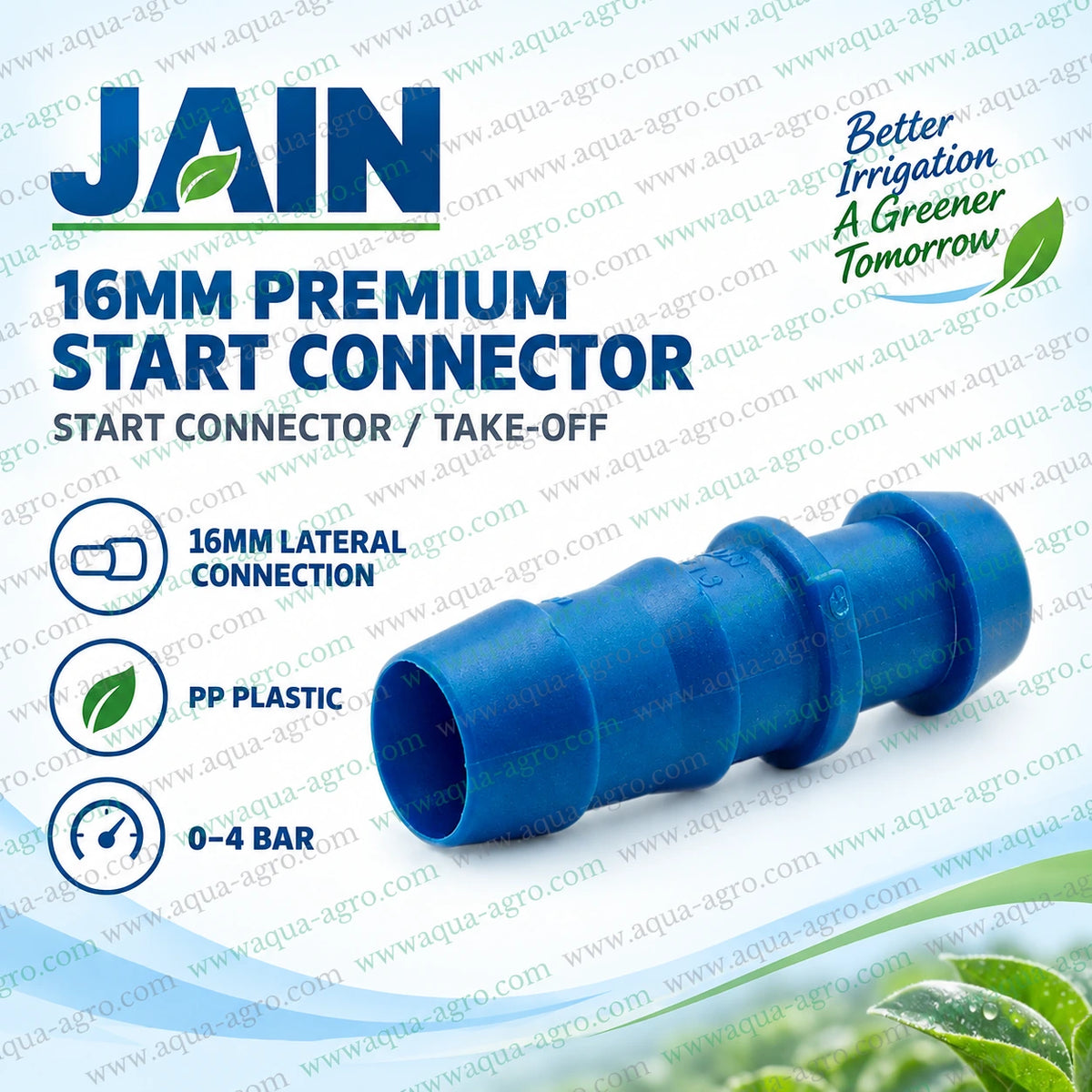 JAIN 16mm premium blue barbed start connector take off fitting made from PP plastic for connecting 16mm drip irrigation lateral pipes to mainline in farms and gardens
