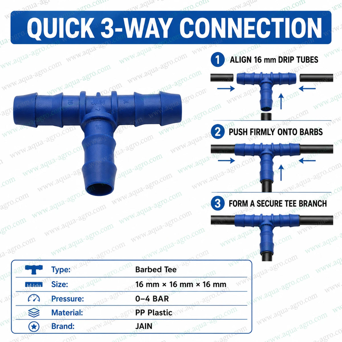 JAIN 16mm blue premium PP plastic barbed tee connector with three way pipe connection for drip irrigation systems and 0 to 4 bar operating pressure