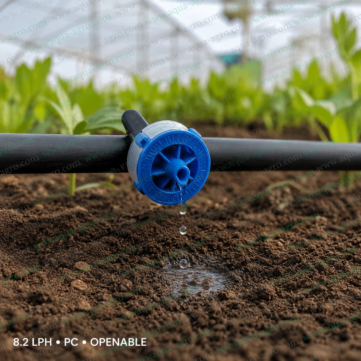 JAIN SC-PC-PLUS 8.2 LPH pressure compensated openable drip emitter blue installed on drip irrigation tube watering soil