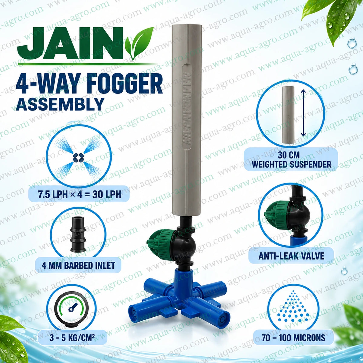JAIN 4 way suspended fogger assembly with 30 cm weighted suspender 4 mm barbed inlet anti leak valve and four direction misting nozzles delivering 30 LPH total discharge at 3 to 5 kg per square centimetre operating pressure with 70 to 100 micron water droplets