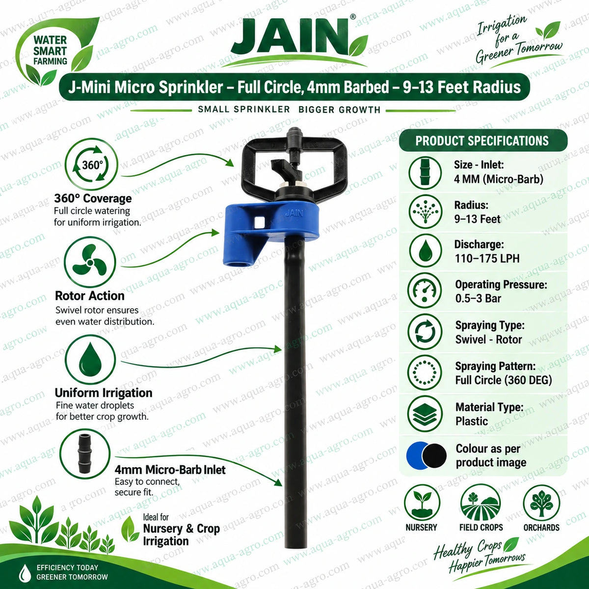 JAIN J-Mini micro sprinkler with 4mm micro barbed inlet full circle 360 degree swivel rotor 110 to 175 LPH discharge 9 to 13 feet radius for nursery field crop and orchard irrigation