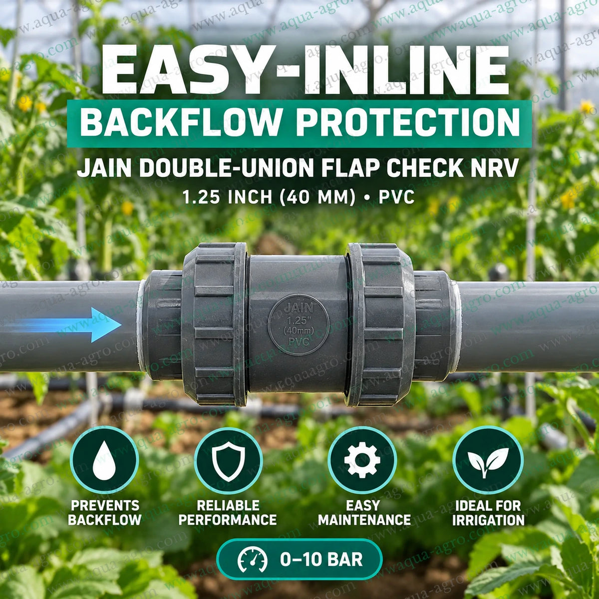 JAIN 1.25 inch 40mm PVC non return valve with double union flap check design installed inline in irrigation pipeline for reliable backflow prevention