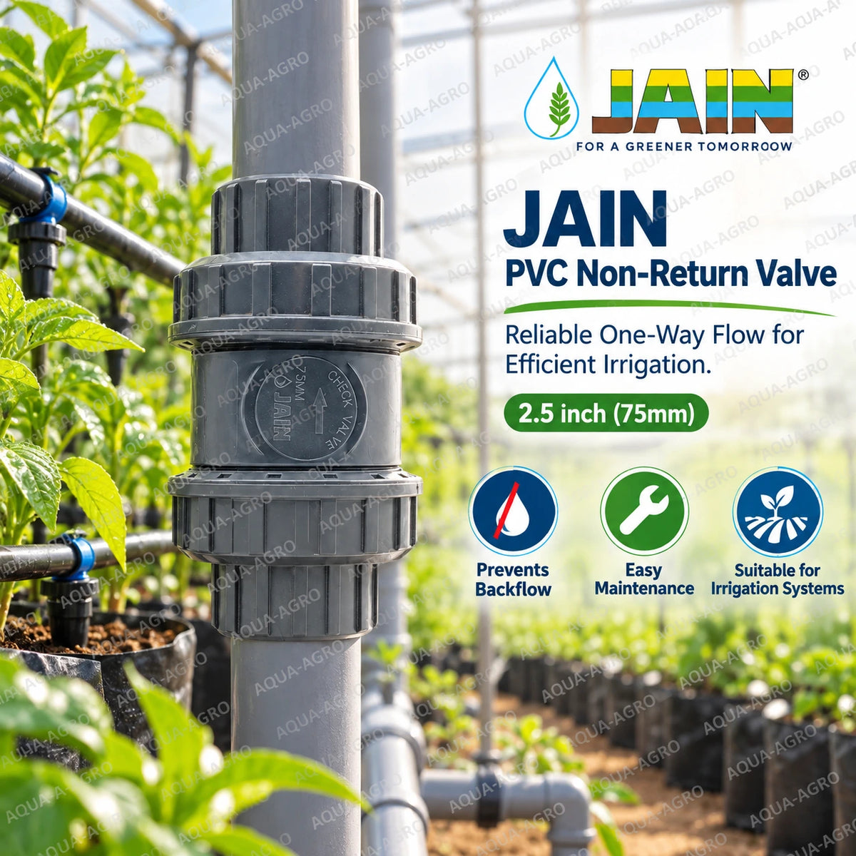 JAIN 2.5 inch 75mm PVC non return valve with flap check double union plain socket ends installed vertically for irrigation backflow prevention