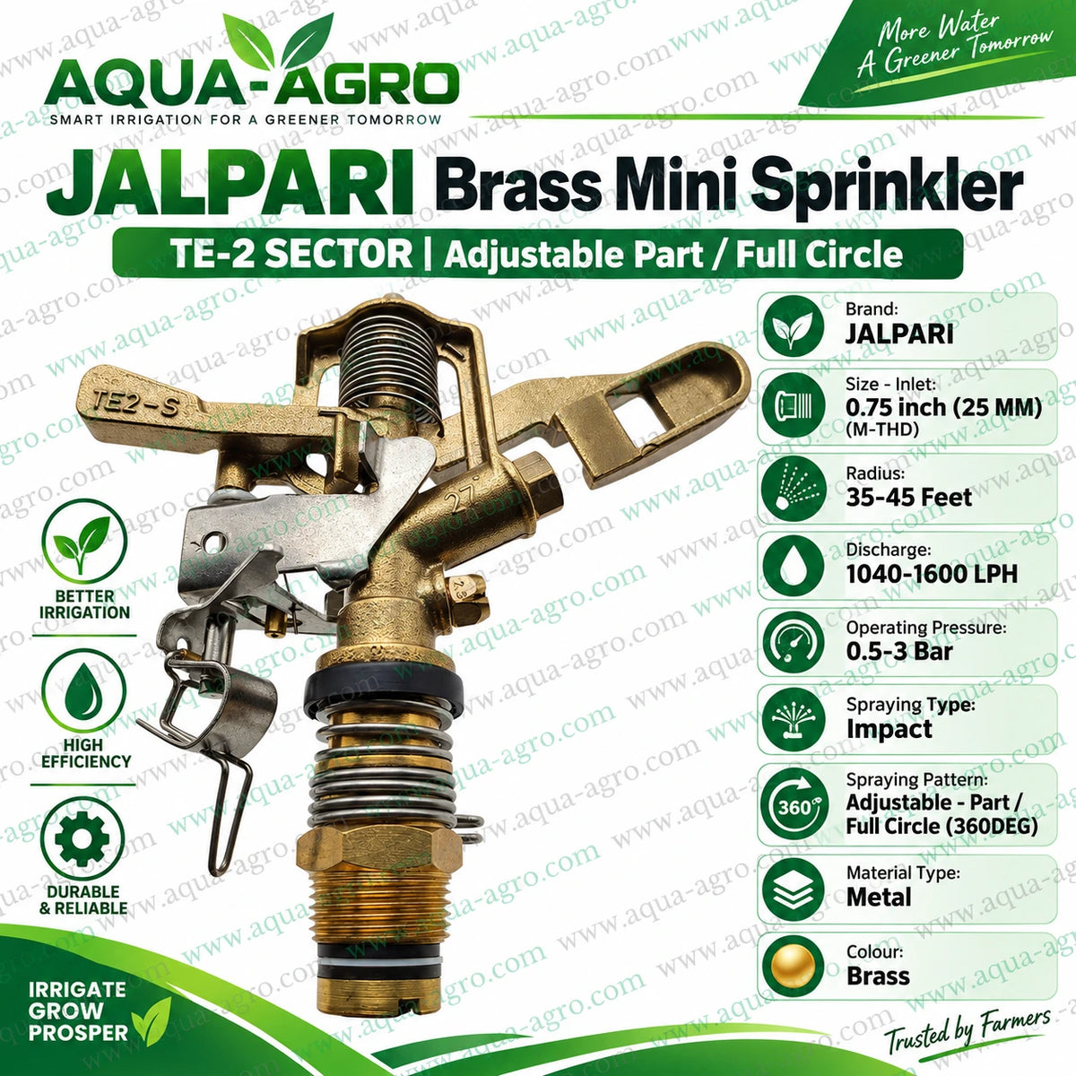 JALPARI TE-2 Sector brass mini sprinkler operating in agricultural crop field with adjustable part circle and full circle water coverage 35 to 45 feet radius 0.75 inch male threaded impact sprinkler for farm irrigation