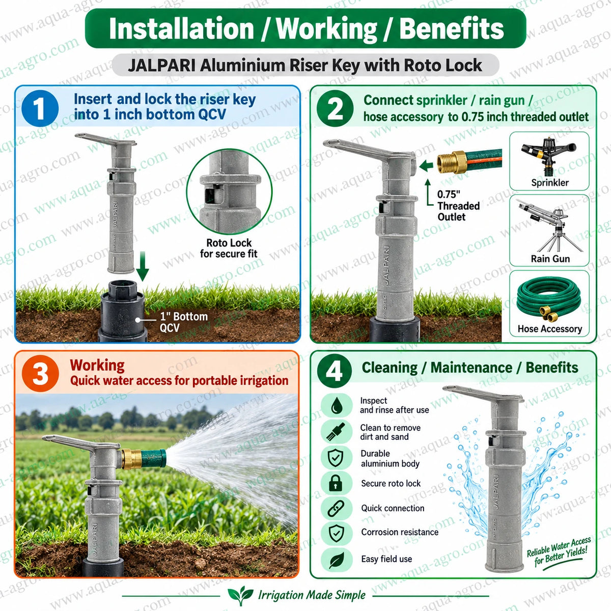 JALPARI aluminium riser key with roto lock for 1 inch QCV bottom and 0.75 inch threaded outlet for sprinkler rain gun hose and portable agricultural irrigation