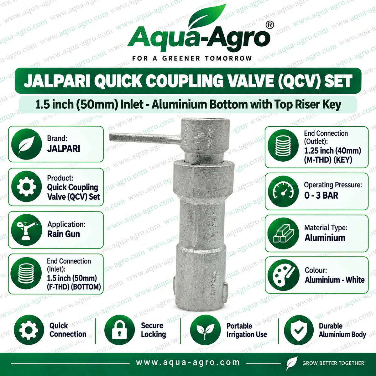 JALPARI aluminium quick coupling valve QRC QCV set with 1.5 inch 50mm female threaded inlet 1.25 inch 40mm male riser key outlet 0 to 3 bar pressure for agricultural rain gun irrigation