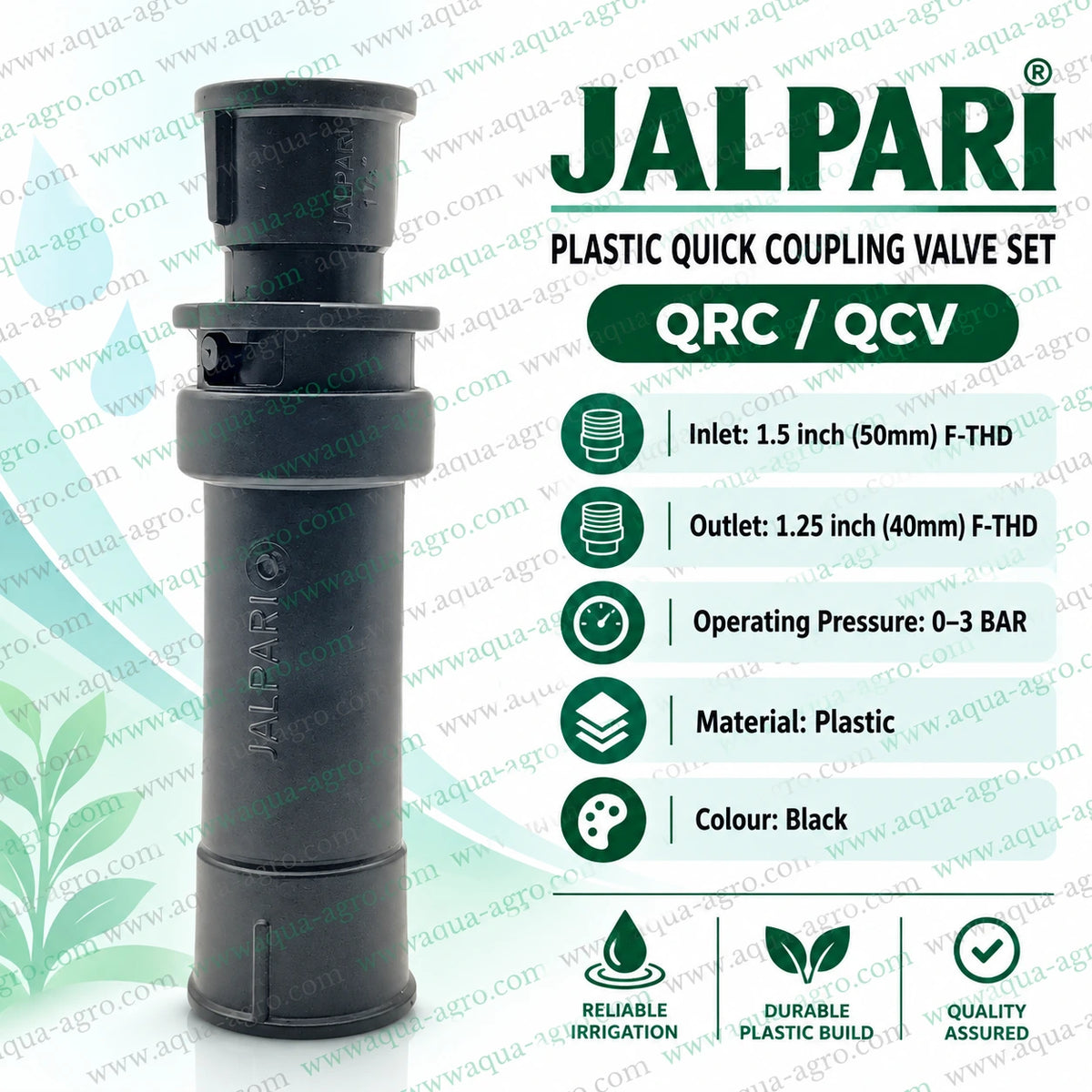 JALPARI plastic quick coupling valve QRC QCV set with 1.5 inch 50mm female threaded bottom inlet 1.25 inch 40mm female threaded riser key outlet and 0 to 3 bar working pressure