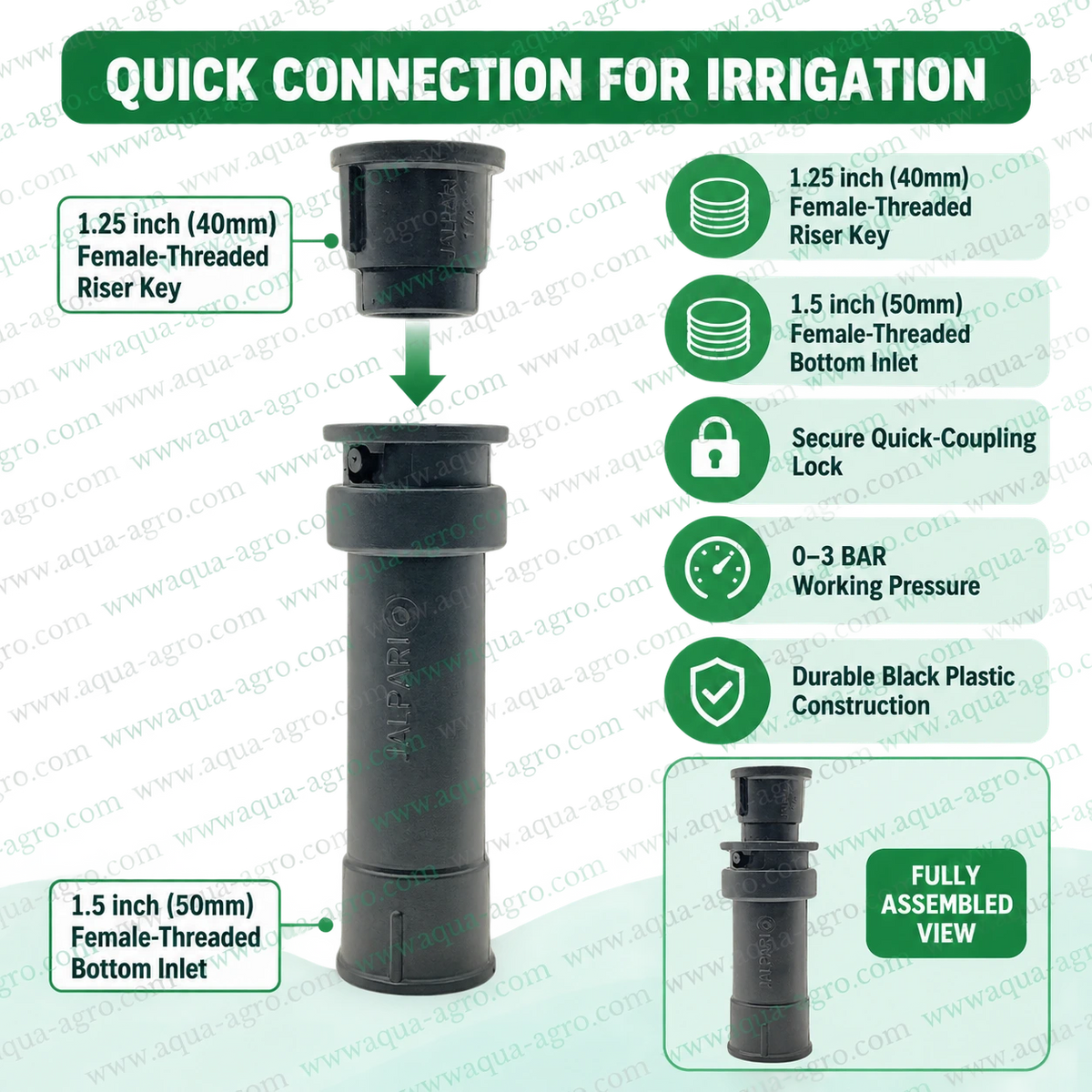 JALPARI QCV quick coupling valve set with 1.5 inch 50mm female threaded bottom inlet 1.25 inch 40mm female threaded top riser key secure quick coupling lock and durable black plastic construction
