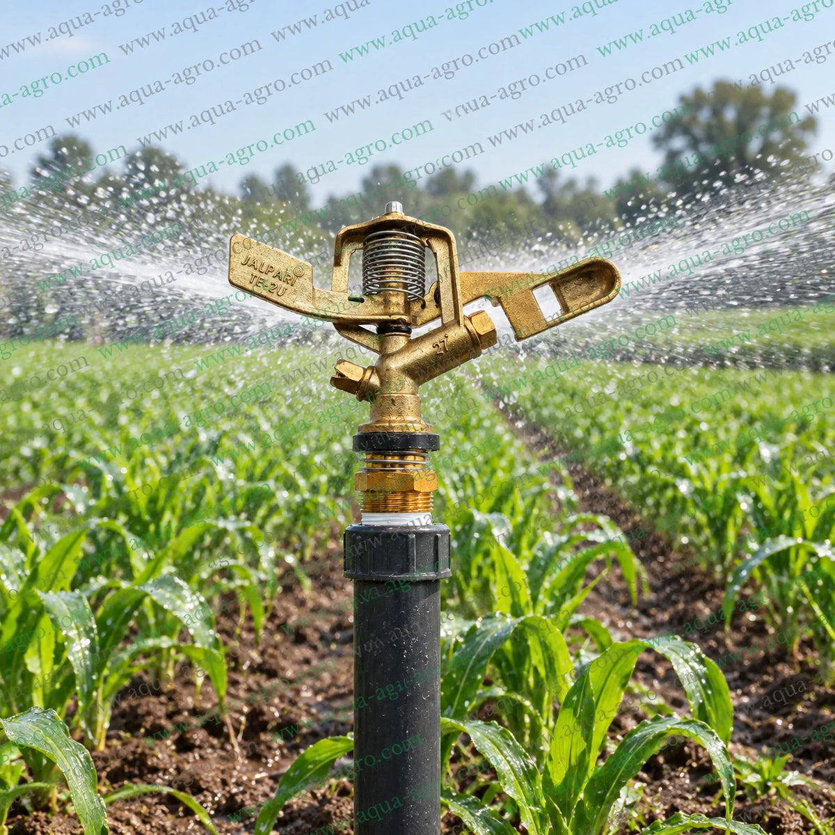JALPARI TE-2 ULTRA brass full circle impact mini sprinkler 35 to 45 feet radius 1040 to 1750 LPH discharge 0.5 to 3 bar operating pressure 0.75 inch 25mm male threaded metal sprinkler for agricultural farm crop and garden irrigation