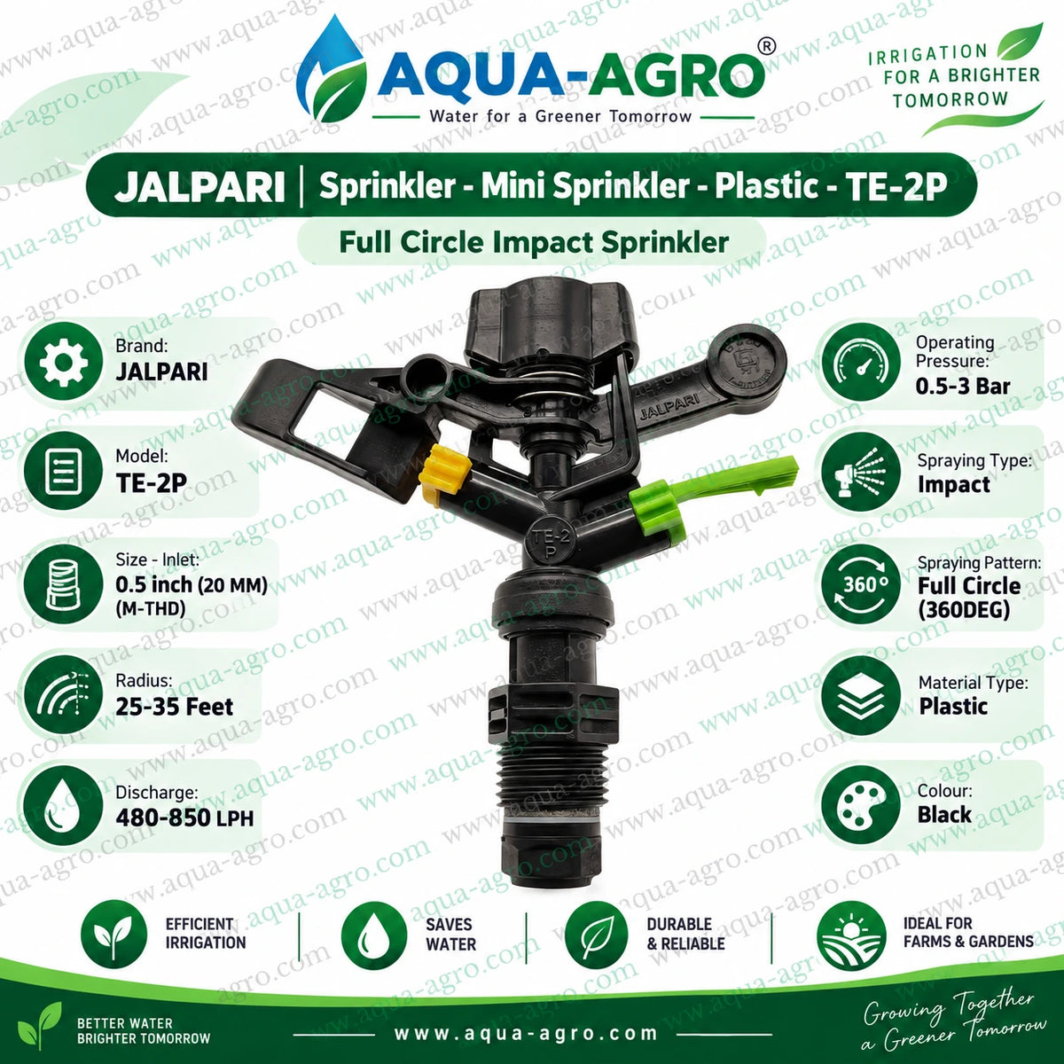 JALPARI TE-2P plastic mini impact sprinkler full circle 360 degree irrigation sprinkler 25 to 35 feet radius 0.5 inch 20mm male threaded 480 to 850 LPH durable farm garden agricultural sprinkler