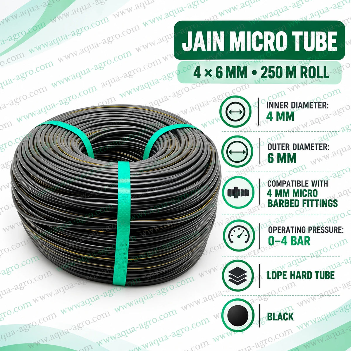 JAIN premium LDPE hard micro tube 4x6 mm black spaghetti irrigation tubing 250 metre roll with 4 mm inner diameter 6 mm outer diameter and 0 to 4 bar operating pressure for drip irrigation systems