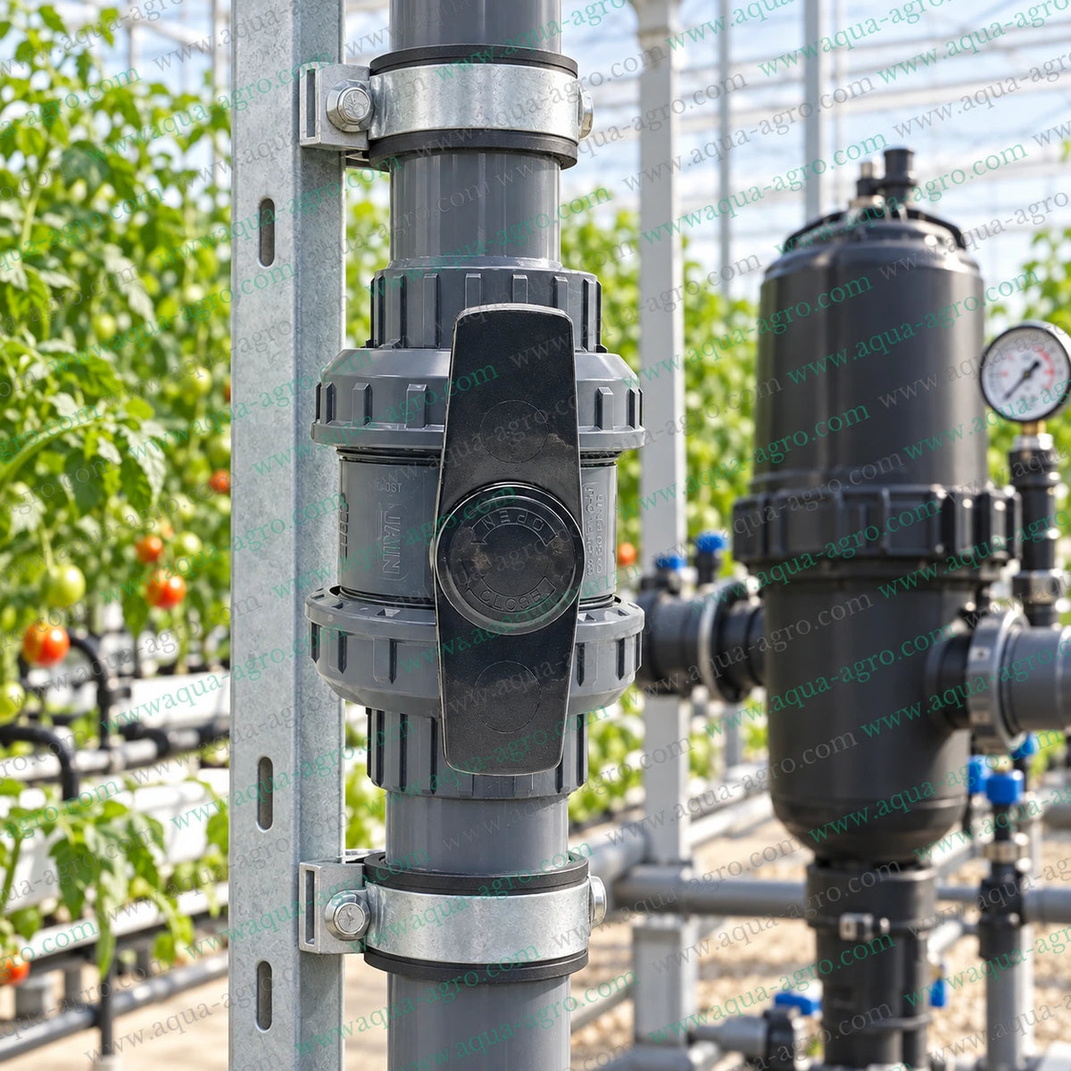 JAIN 2 inch (63mm) PVC double union ball valve installed on a supported greenhouse irrigation pipeline with filtration equipment, suitable for drip irrigation, agricultural irrigation, greenhouse systems, fertigation and water distribution networks.