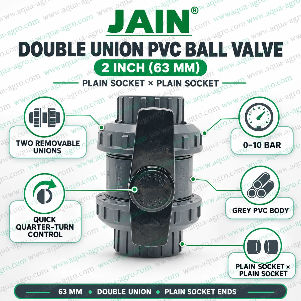 JAIN 2 inch (63mm) double union PVC ball valve with plain socket × plain socket ends, durable grey PVC construction, two removable union nuts, quick quarter-turn flow control and 0–10 bar operating pressure for irrigation and water supply pipelines.