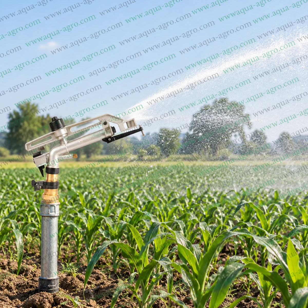 JALPARI RG-38 Heavy Duty Rain Gun Sprinkler Installed on Metal Riser Pipe Spraying Water Across Agricultural Crop Field with 60 to 90 Feet Radius for Large Area Farm Irrigation