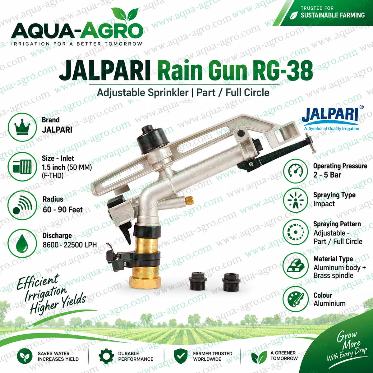 JALPARI RG-38 Adjustable Impact Rain Gun Sprinkler with 1.5 Inch 50mm Female Threaded Inlet Part and Full Circle Coverage 8600 to 22500 LPH Discharge and Durable Aluminium Body with Brass Spindle for Agricultural Irrigation