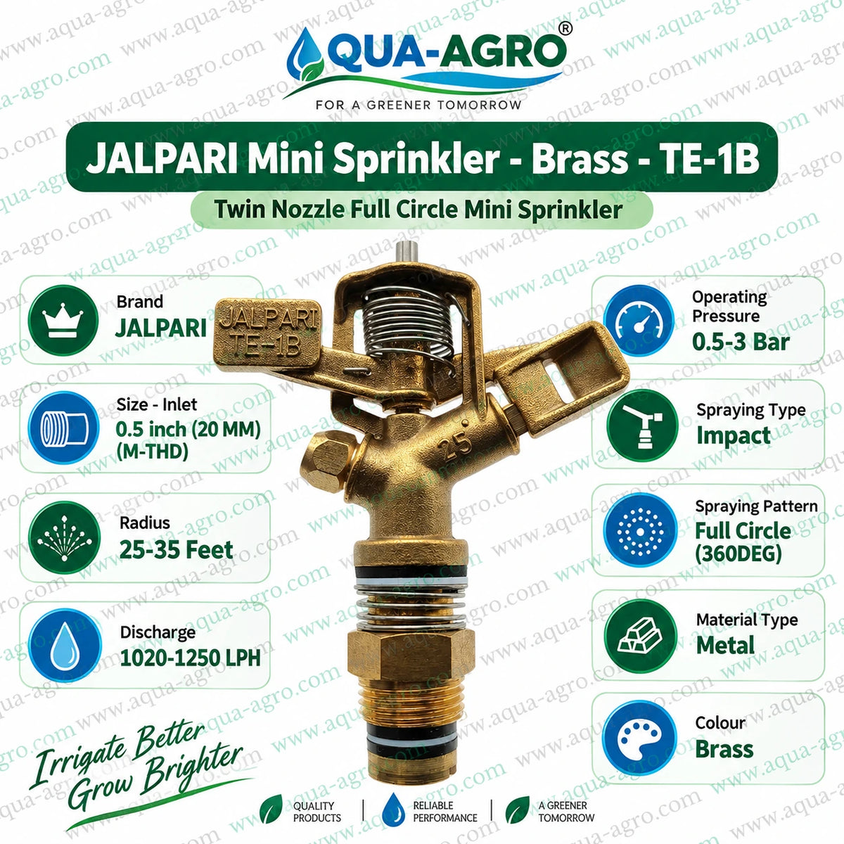JALPARI TE-1B brass twin nozzle impact mini sprinkler full circle 360 degree 25 to 35 feet radius 1020 to 1250 LPH discharge 0.5 to 3 bar operating pressure 0.5 inch 20mm male threaded metal sprinkler for agricultural farm garden and irrigation systems