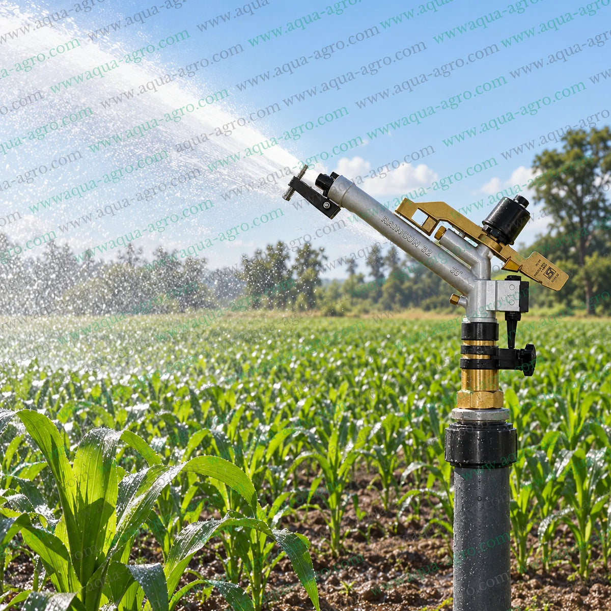JALPARI RG-32 Heavy Duty Rain Gun Sprinkler Installed on Metal Riser Pipe Spraying Water Across Agricultural Crop Field with 60 to 80 Feet Radius for Large Area Farm Irrigation