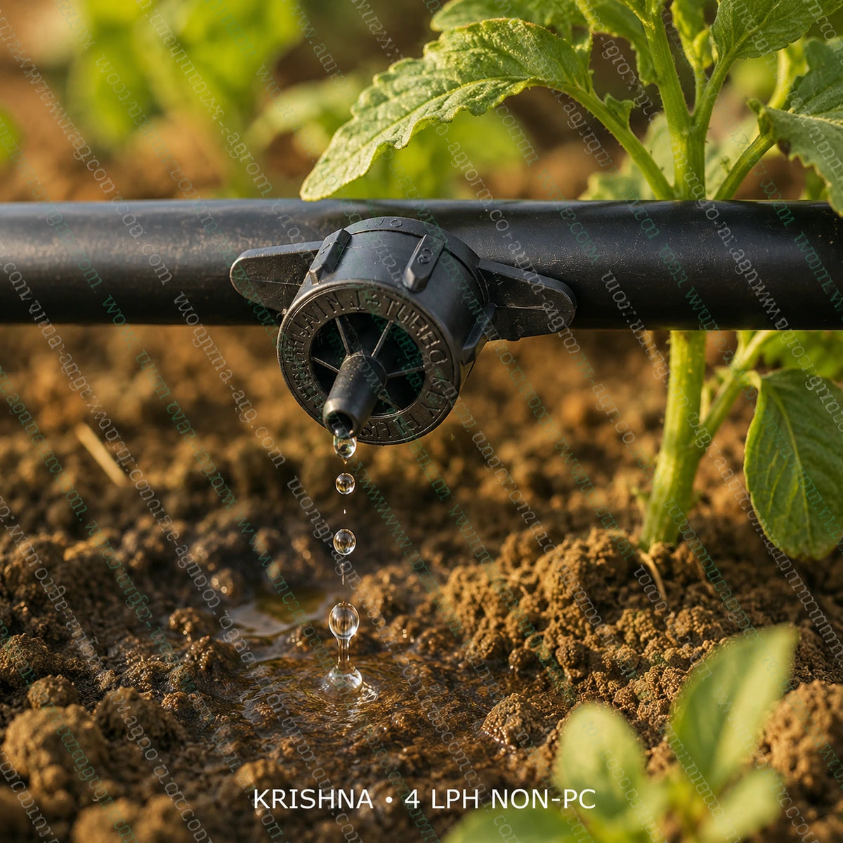 KRISHNA 4 LPH non-PC openable drip emitter installed on drip irrigation pipe delivering water directly to plant root zone