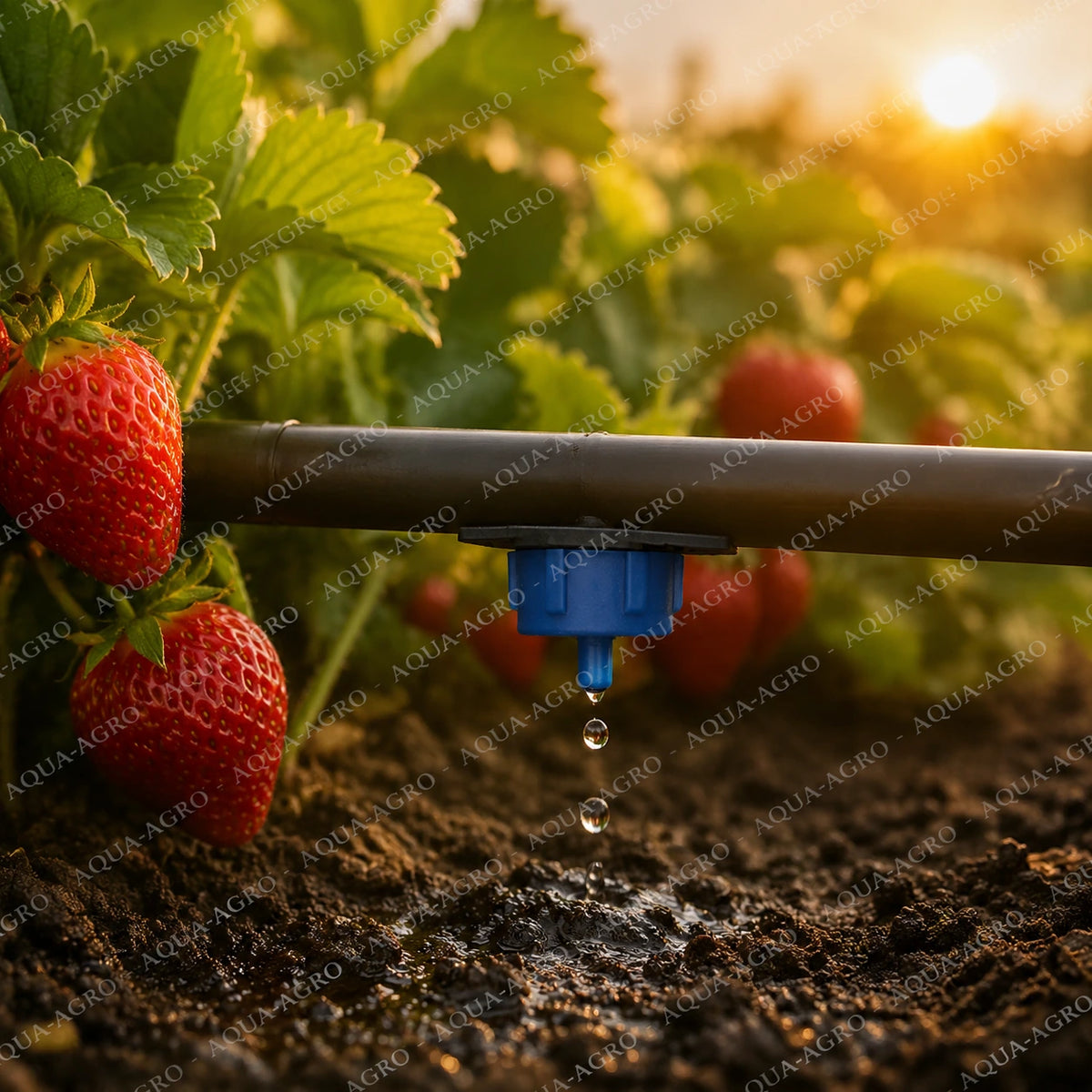 KRISHNA 8 LPH non-PC openable drip emitter installed on drip irrigation pipe for precise watering of strawberry plants