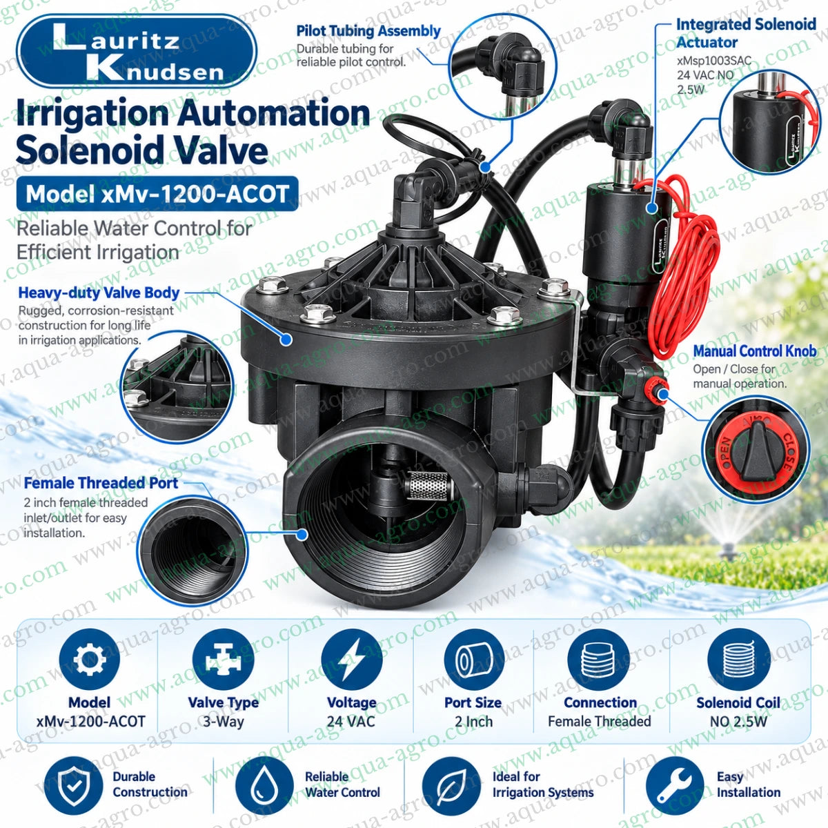 LAURITZ KNUDSEN 3 way irrigation solenoid valve showing 24 VAC normally open actuator pilot tubing manual control knob and female threaded connections