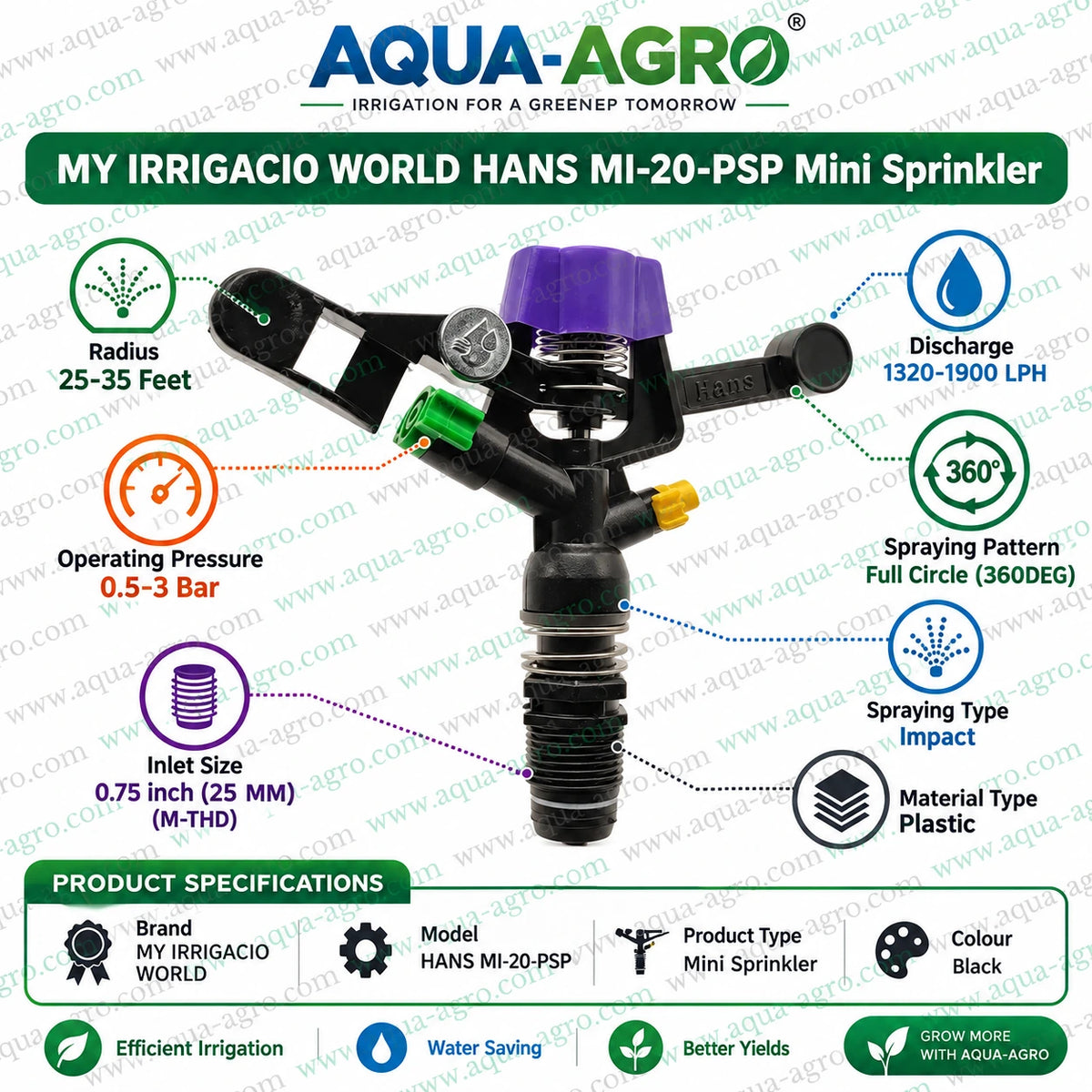 MY IRRIGACIO WORLD HANS MI-20-PSP plastic mini impact sprinkler 25 to 35 feet radius 1320 to 1900 LPH 0.75 inch 25mm male threaded inlet full circle 360 degree agricultural irrigation sprinkler