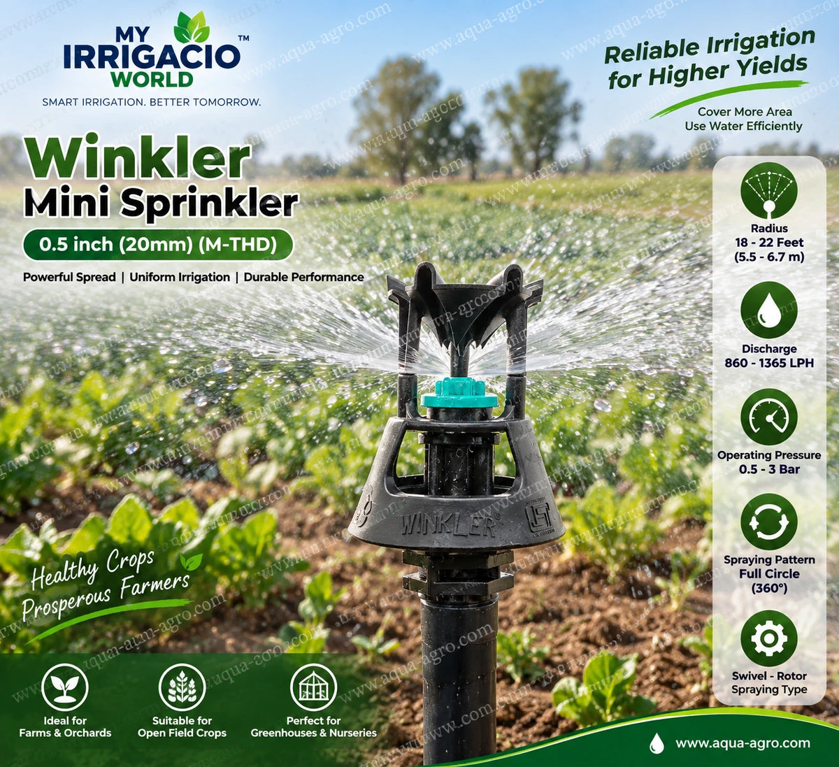 My Irrigacio World Winkler black mini sprinkler full circle 360 degree swivel rotor sprinkler 18 to 22 feet radius 0.5 inch 20mm male threaded 860 to 1365 LPH agricultural irrigation sprinkler