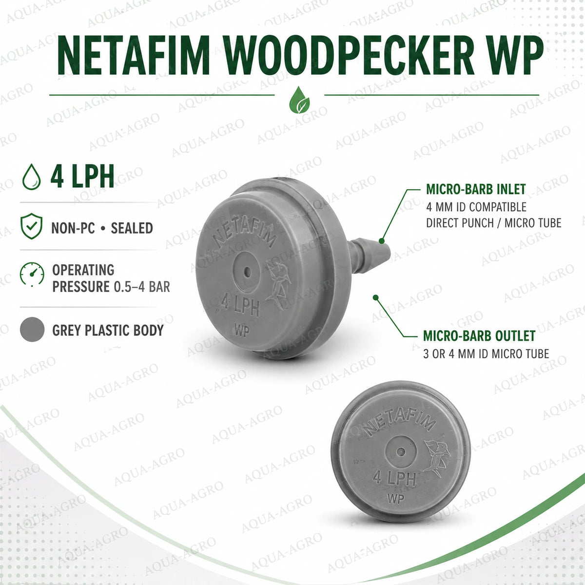 NETAFIM Woodpecker WP 4 LPH grey sealed drip emitter with micro-barb inlet and outlet for agricultural drip irrigation systems