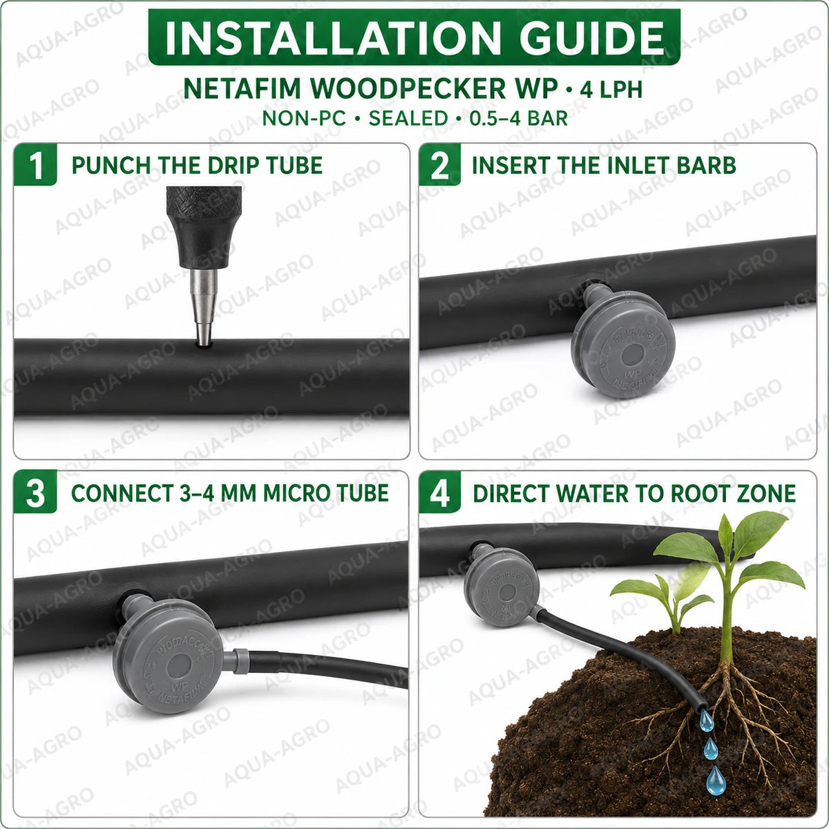 NETAFIM Woodpecker WP 4 LPH dripper installation guide showing direct punch connection and micro tube for root-zone irrigation