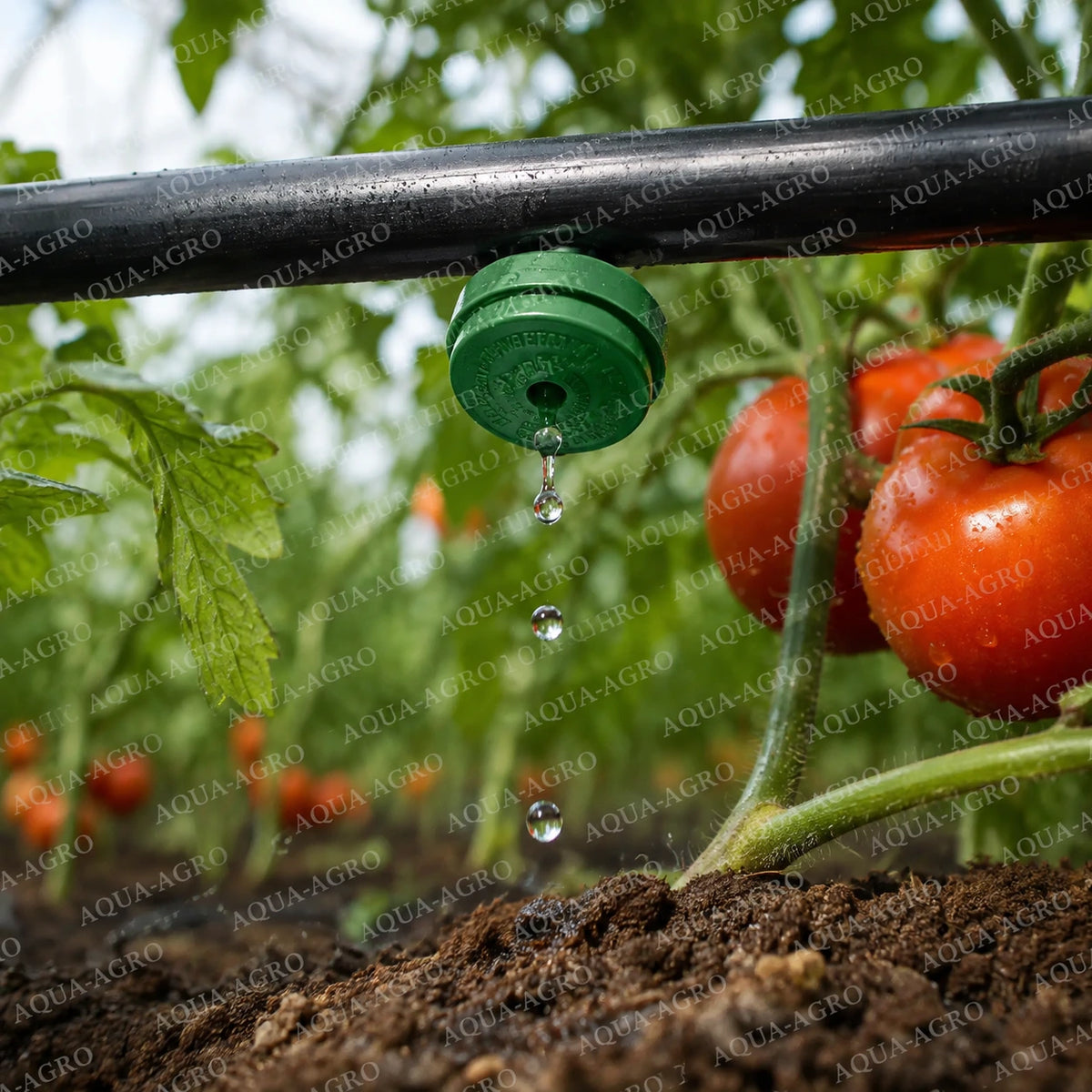 NETAFIM 8 LPH green button dripper installed on drip irrigation pipe delivering water to tomato plants for efficient crop irrigation