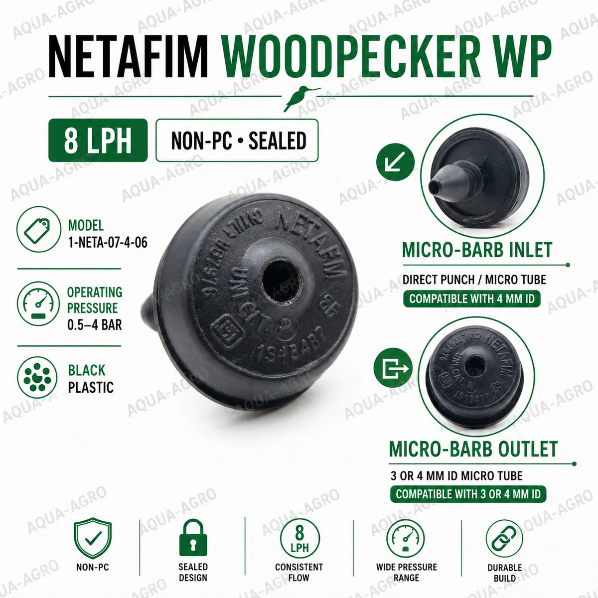 NETAFIM Woodpecker WP 8 LPH non-PC sealed drip emitter with micro-barb inlet and outlet for drip irrigation systems