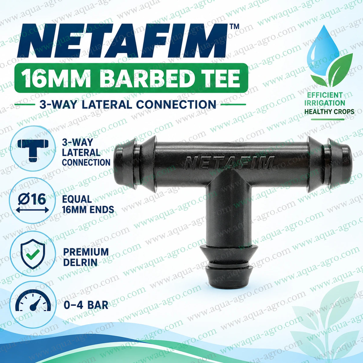 NETAFIM 16mm barbed tee installation guide showing how to connect three 16mm drip laterals for secure T connection in drip irrigation systems