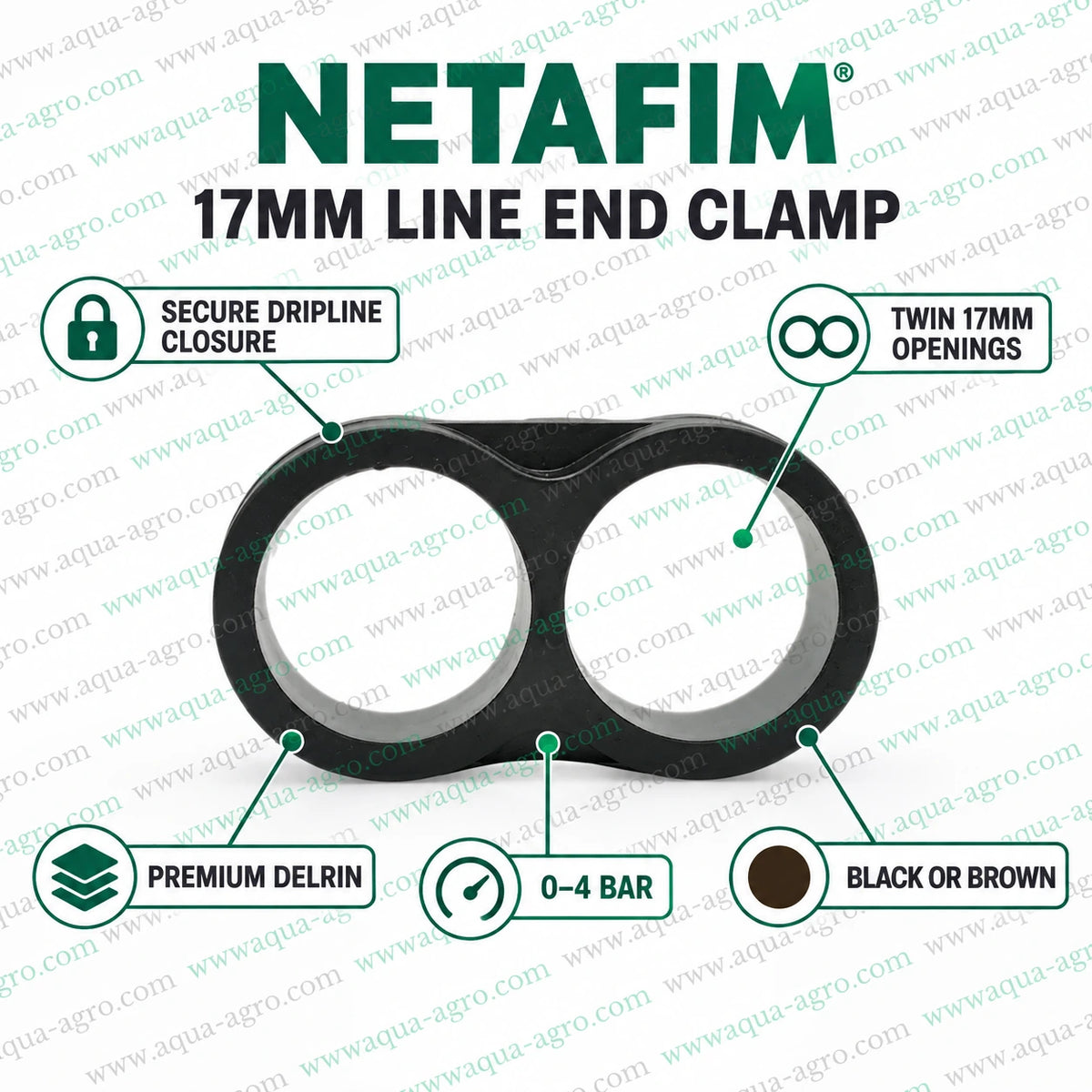 NETAFIM 17mm line end clamp premium black Delrin drip irrigation fitting for secure dripline closure reusable fold back end cap and 0 to 4 bar operating pressure