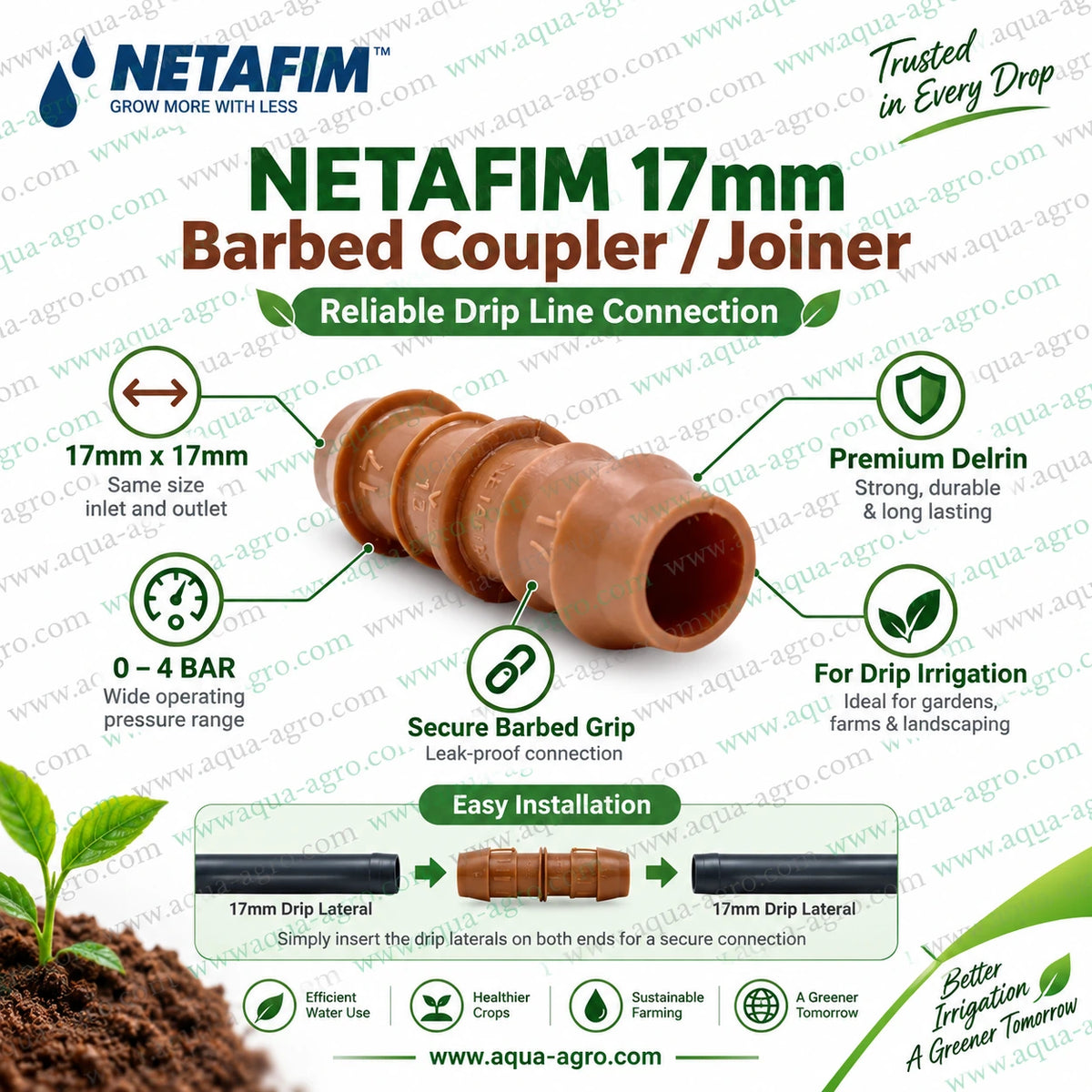 NETAFIM 17mm barbed coupler joiner lifestyle image installed inline between black drip irrigation laterals in an agricultural field for dripline repair extension and efficient water distribution