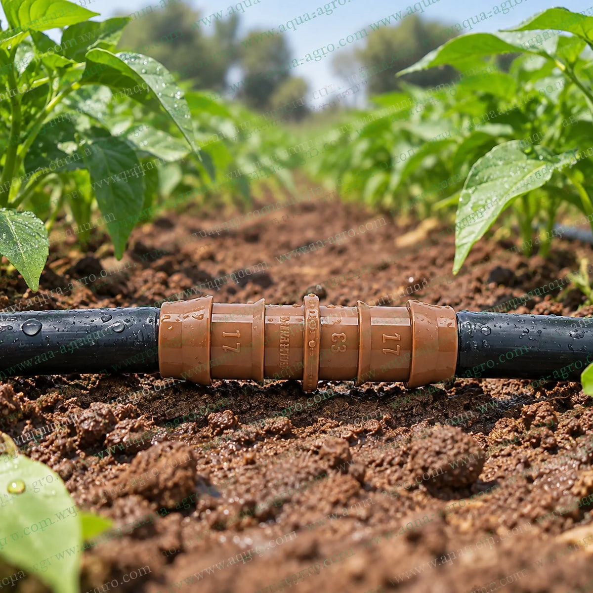NETAFIM 17mm barbed coupler joiner premium brown Delrin drip irrigation fitting for connecting two 17mm drip laterals with secure leak resistant grip and 0 to 4 bar operating pressure