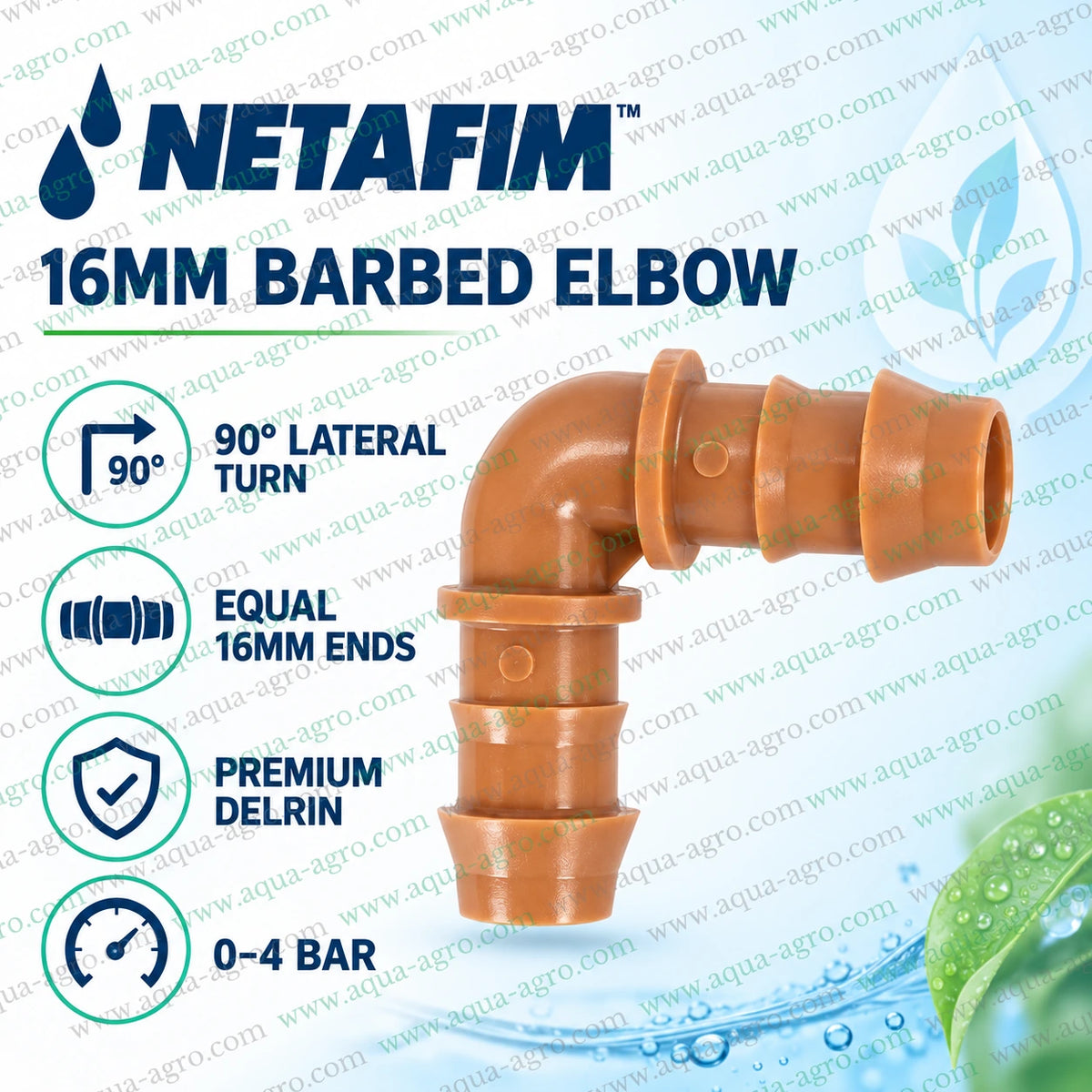 NETAFIM 16mm brown barbed elbow lifestyle image installed in field drip irrigation line for clean 90 degree turn and secure water flow