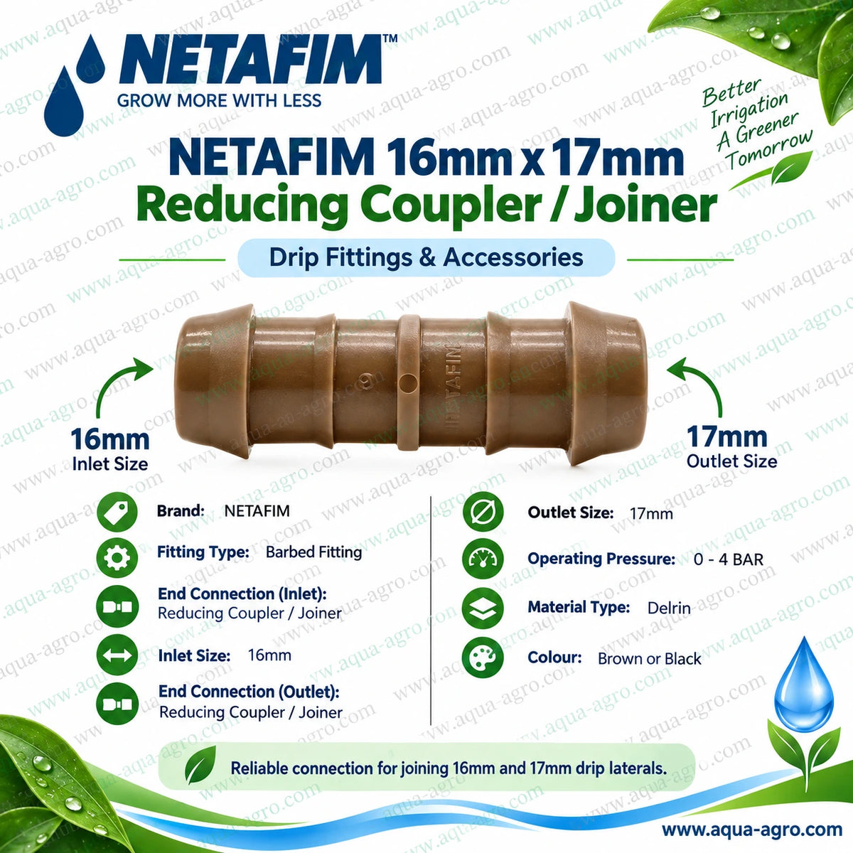 NETAFIM 16mm x 17mm premium brown barbed reducing connector made from durable Delrin material for joining repairing and extending drip irrigation pipes in farms and gardens