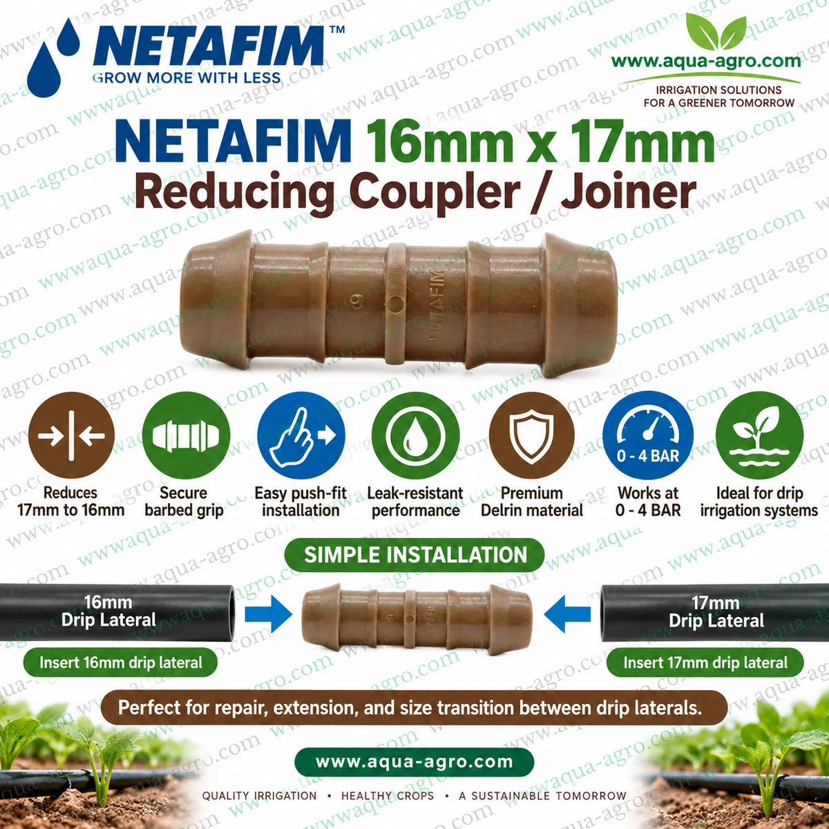 NETAFIM 16mm to 17mm brown Delrin reducing coupler joiner with secure barbed grip for connecting different size drip irrigation lateral pipes with 0 to 4 bar operating pressure
