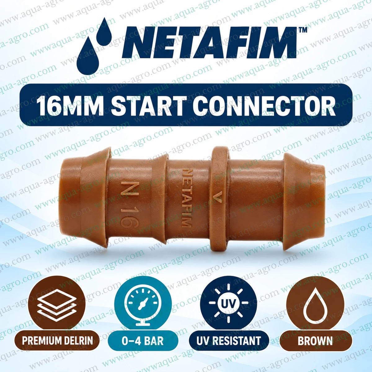 NETAFIM 16mm brown start connector take off lifestyle image installed between header pipe and drip lateral for agriculture farm irrigation and drip irrigation systems