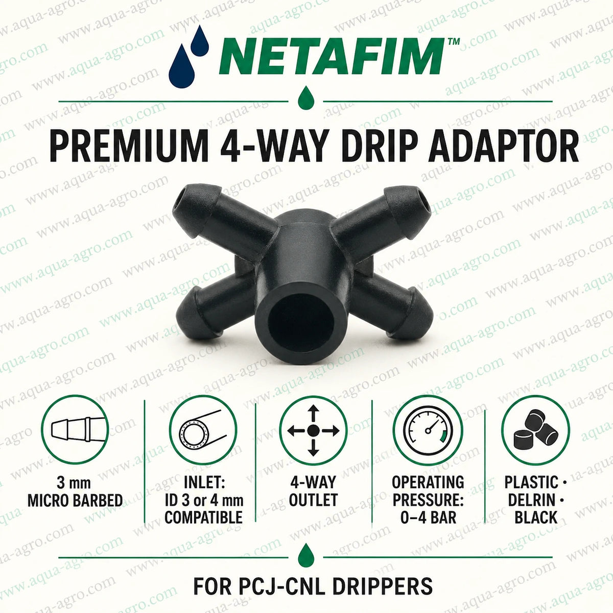 NETAFIM 4-way drip adaptor 3mm micro barbed fitting for PCJ-CNL drippers with four irrigation outlets