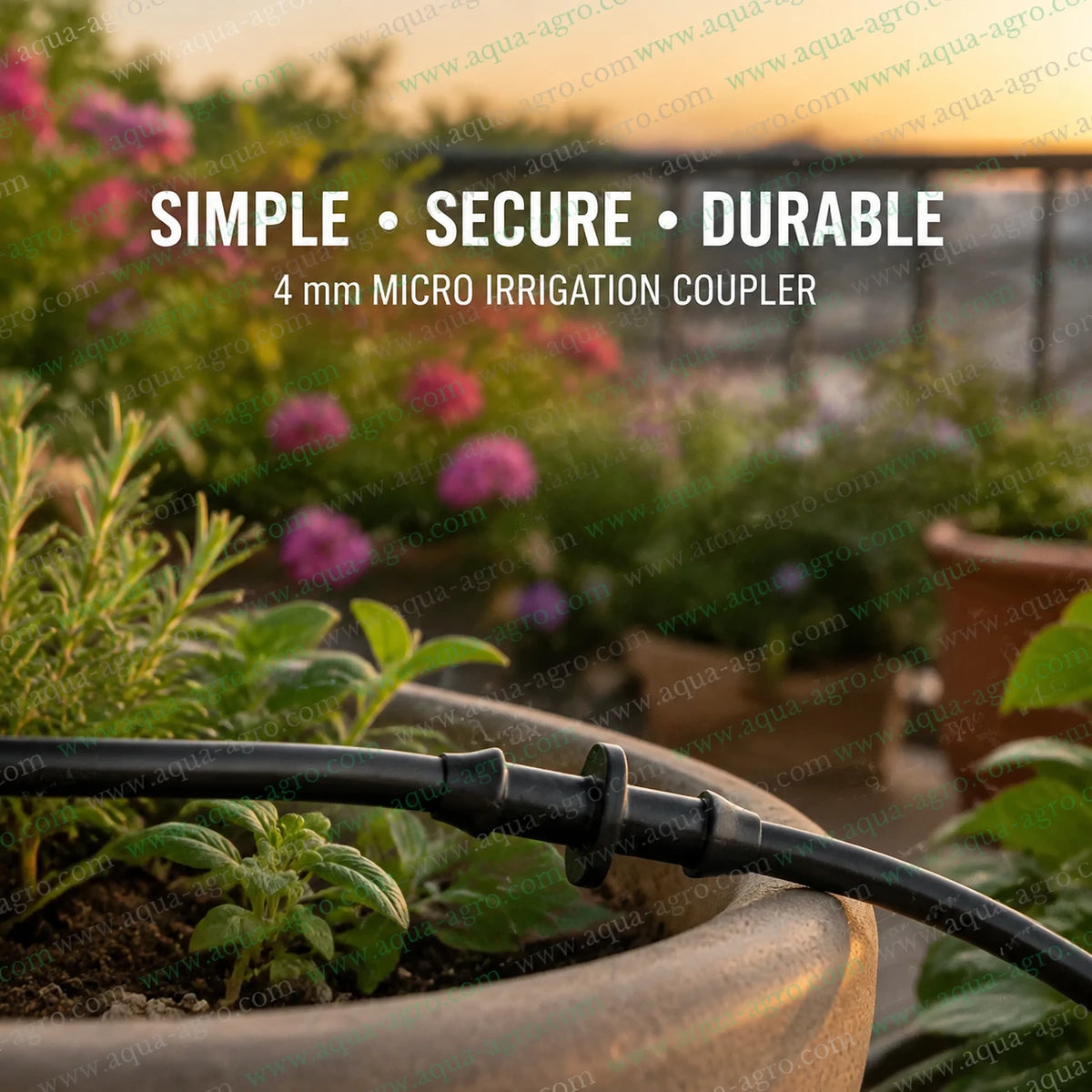 FINOLEX PLASSON 4mm black micro tube joiner connecting two micro irrigation pipes for watering potted plants and garden irrigation using a durable barbed connector