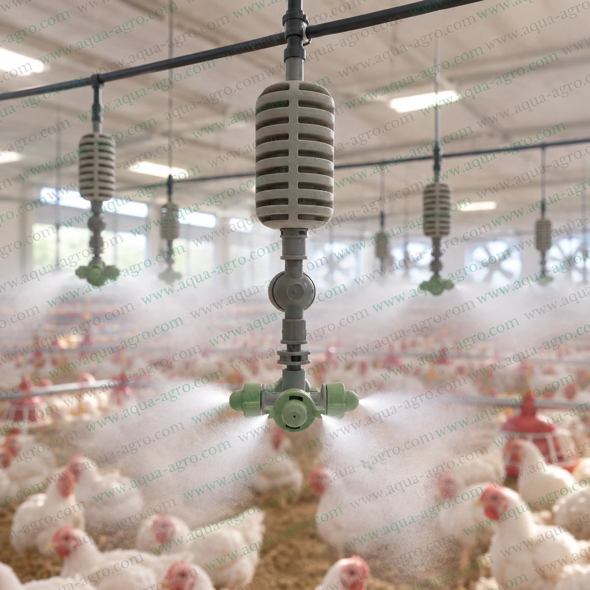 NETAFIM 4 Way Misting Fogger Assembly Installed in Poultry Farm for Cooling and Humidity Control with Fine Water Mist