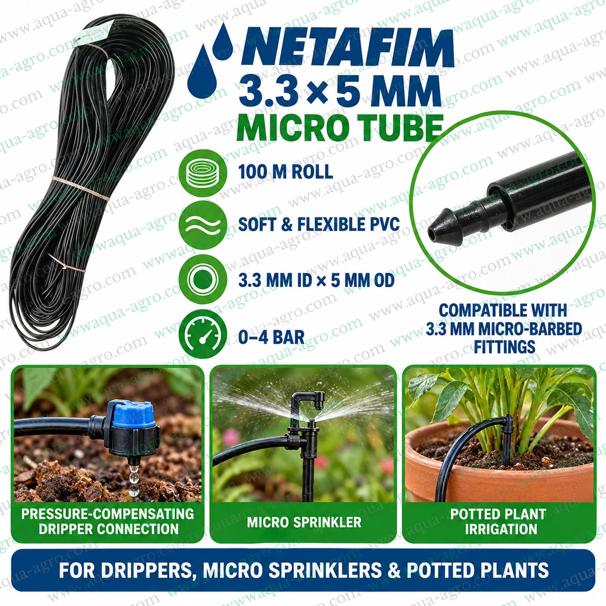 NETAFIM premium 3.3x5mm soft PVC spaghetti micro tube 100 metre roll with 3.3mm inner diameter and 5mm outer diameter for drip irrigation micro sprinklers and potted plants