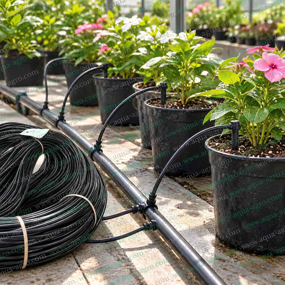 NETAFIM 3.3x5mm flexible PVC micro irrigation tube connected to drip emitters and micro barbed fittings for watering flowering plants in nursery pots and greenhouse drip irrigation systems