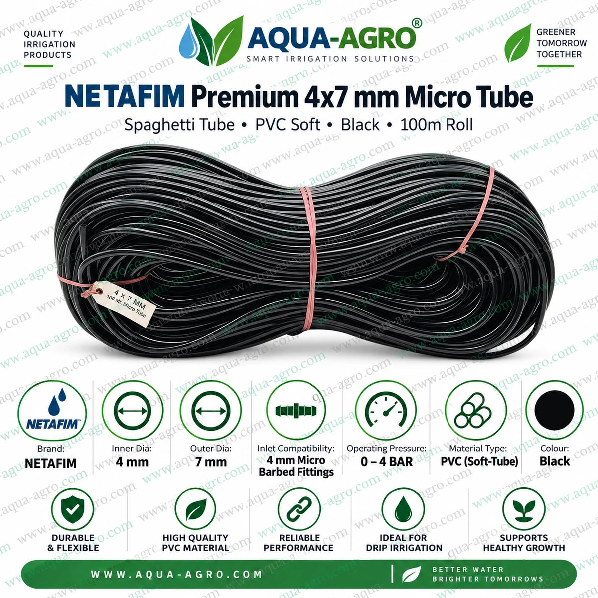 NETAFIM premium 4x7mm black soft PVC spaghetti micro tube 100 metre roll with 4mm inner diameter 7mm outer diameter and 0 to 4 bar operating pressure for drip irrigation systems