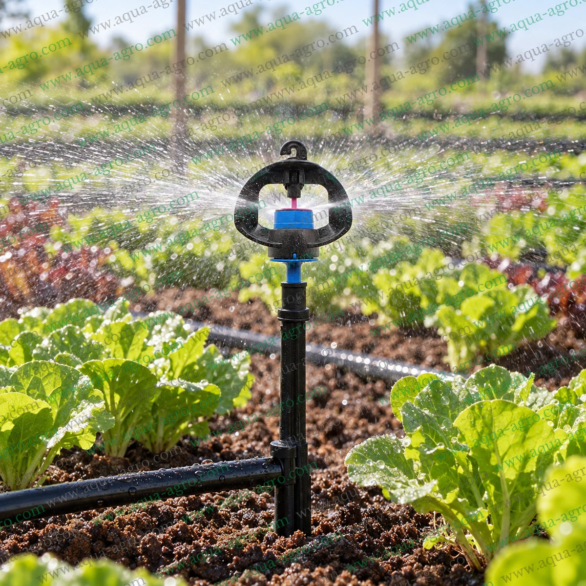 NETAFIM Gyronet blue micro sprinkler operating in agricultural field with 360 degree full circle water spray 40 to 60 LPH discharge 8 to 11 feet coverage radius for uniform crop irrigation