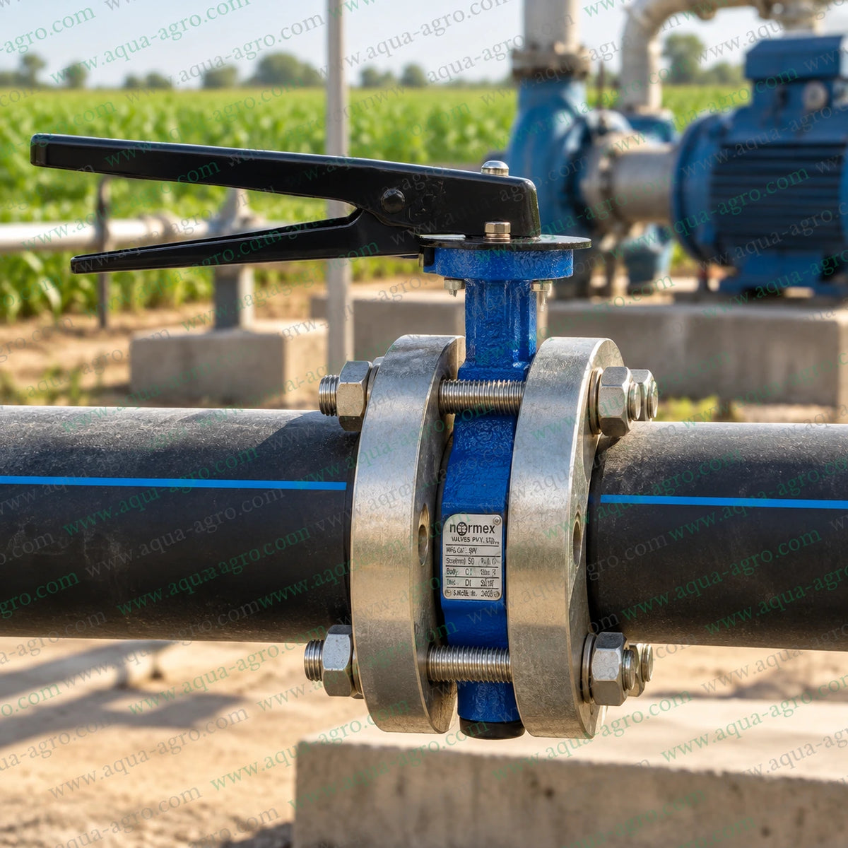 NORMEX 2 inch 50mm cast iron butterfly valve installation guide showing wafer valve flange alignment through bolt insertion even tightening and free operation for irrigation water supply pipelines