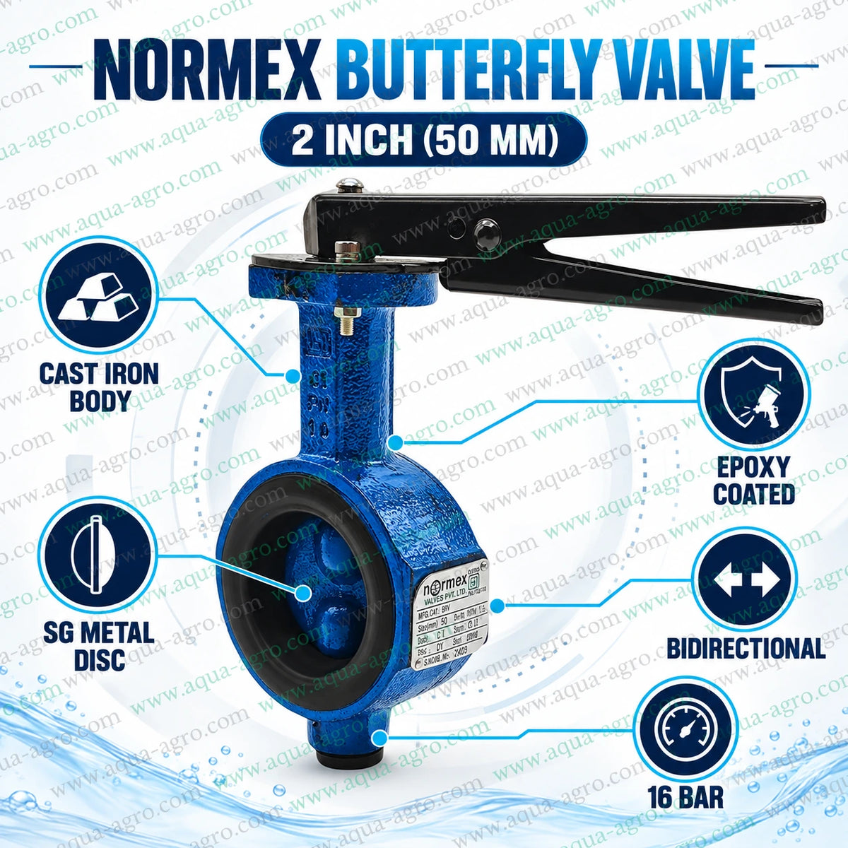 NORMEX 2 inch 50mm cast iron butterfly valve installed between pipe flanges in an agricultural irrigation pipeline for water flow control