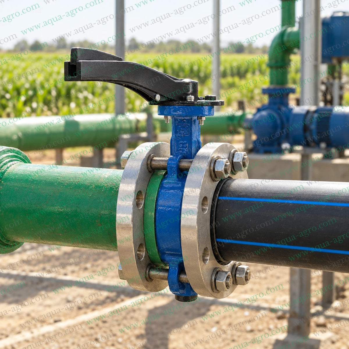 NORMEX 4 inch 100mm cast iron butterfly valve installed between flanges connecting agricultural irrigation pipelines with lever operated water flow control
