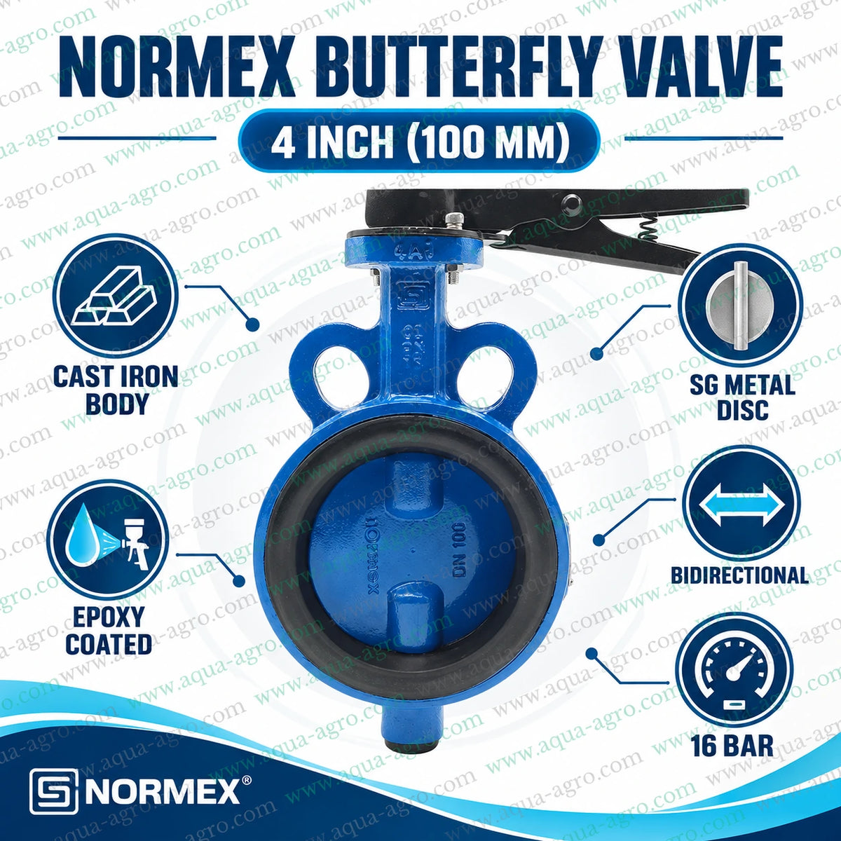 NORMEX 4 inch 100mm wafer type butterfly valve with epoxy coated cast iron body SG metal disc bidirectional flow control and 16 bar operating pressure for irrigation and water supply systems