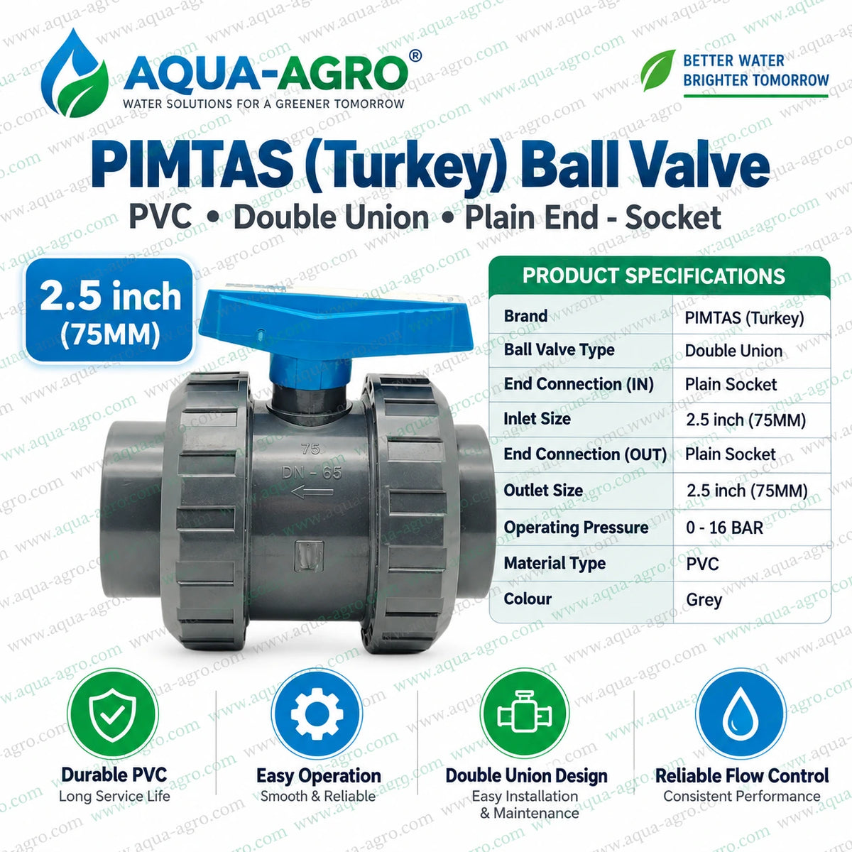 PIMTAS Turkey 2.5 inch 75mm PVC double union ball valve with blue quarter turn handle grey PVC body plain socket inlet and outlet 0–16 bar operating pressure and removable union connections